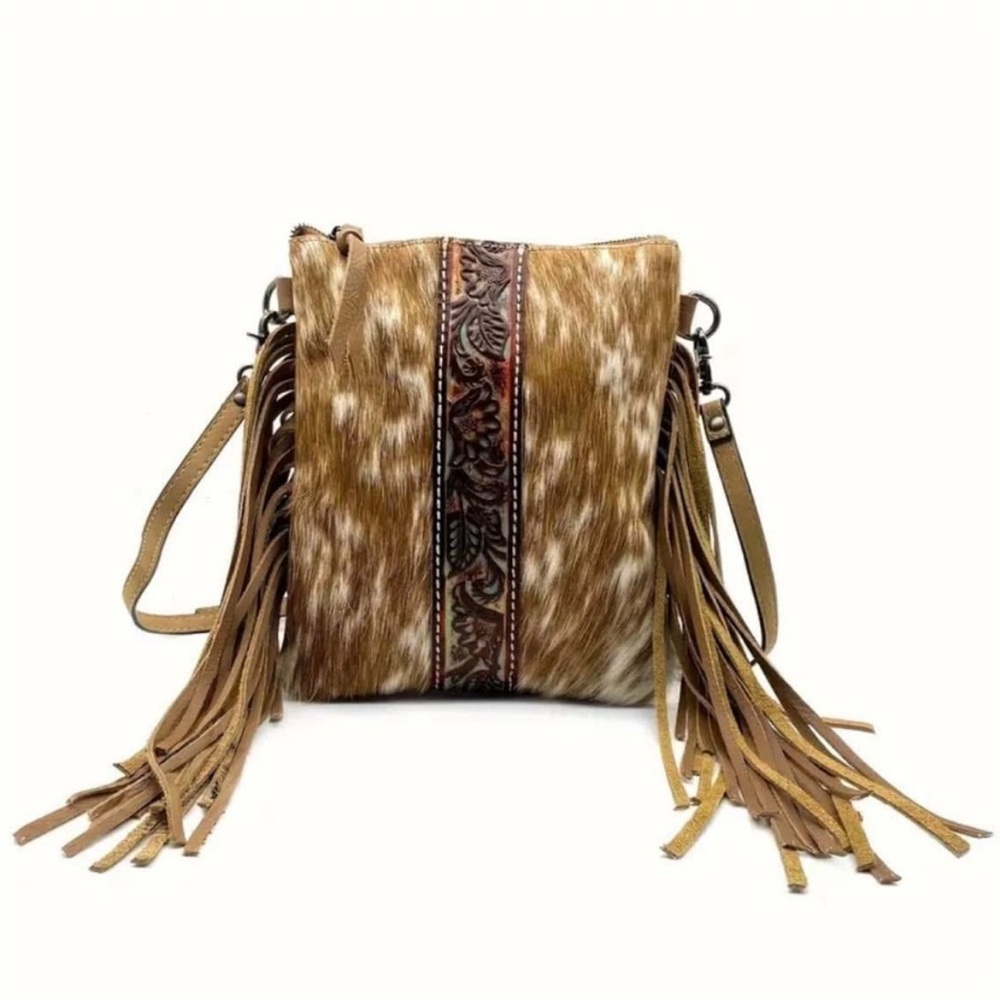 Fringe Leather Cowhide Crossbody Bag - Tan
